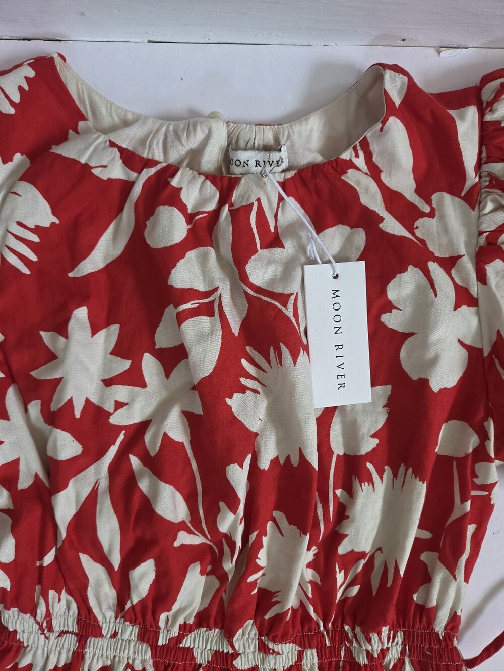 NWT Moon River red cream floral cutout puff sleeve cotton midi dress sz S - Picture 4 of 11